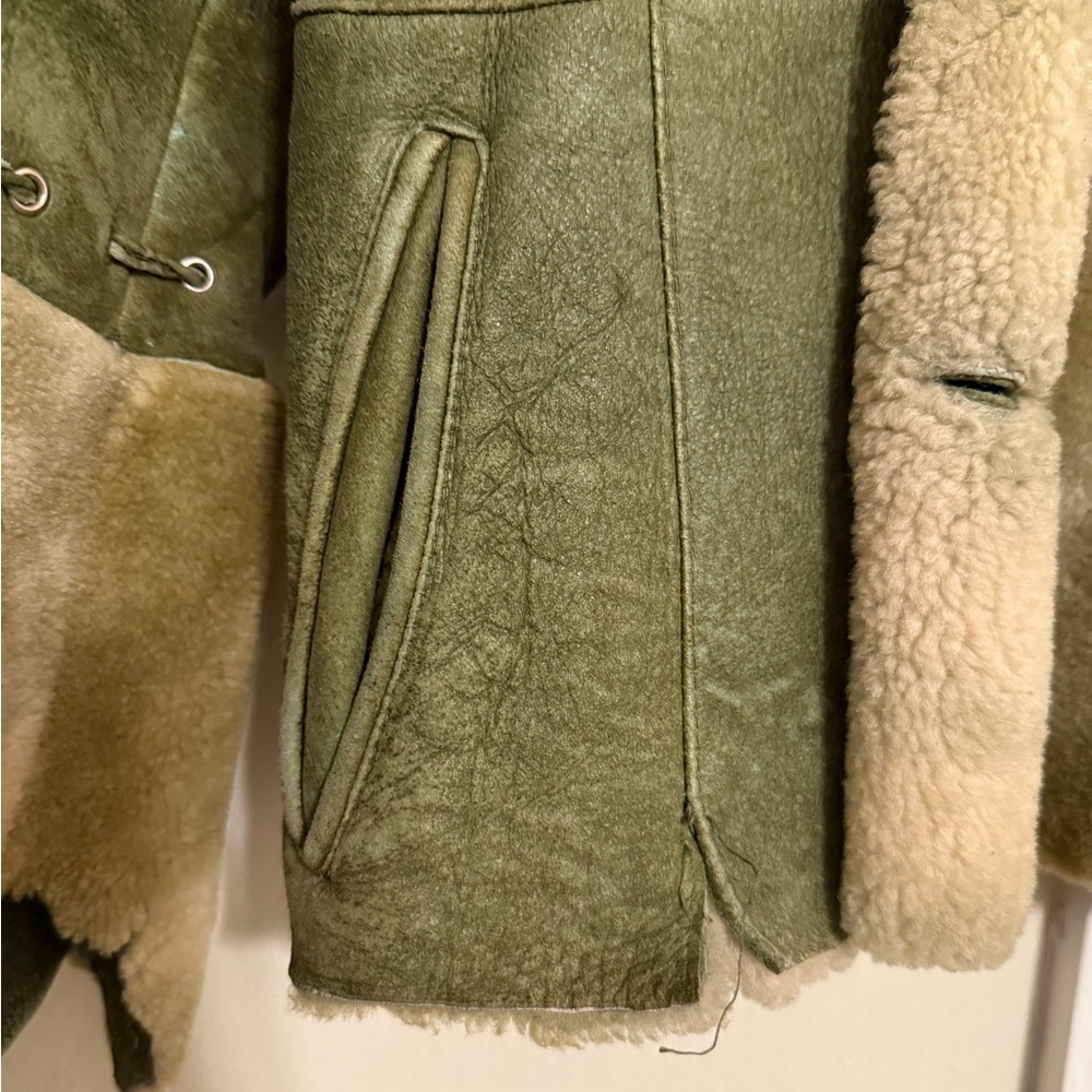 Vintage Green Genuine Shearling Fur Jacket With Flared Sleeves - Picture 9 of 12